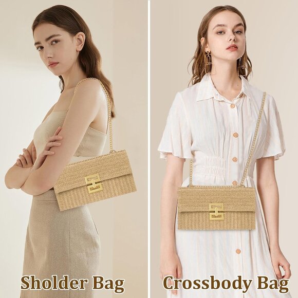 Straw Woven Clutch Purse for Women with Detachable Chain Strap Beach Party Date - Picture 2 of 7